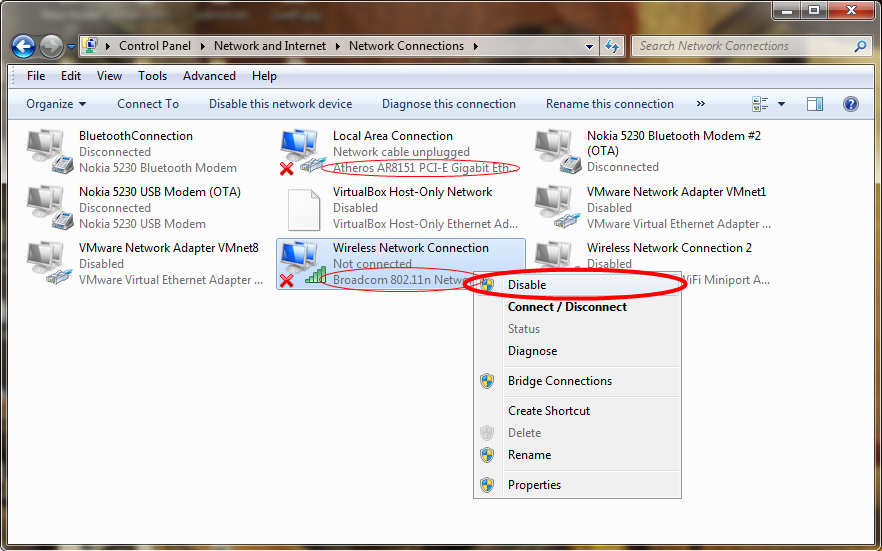 Disable Network Adapter in Windows 7